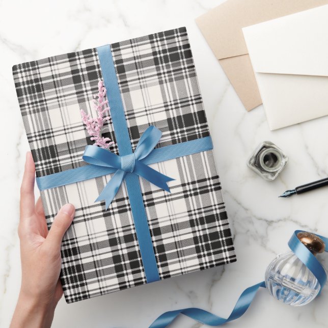 White Black Monochrome Check Ivory Plaid Pattern Wrapping Paper (Gifting)