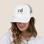 White black monogram initials name elegant modern trucker hat<br><div class="desc">A classic chic white background. Personalise and add your monogram initials written with golden block letters and your name in black. Modern,  trendy and simple. For both him and her.</div>