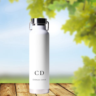 White black monogram initials name simple water bottle