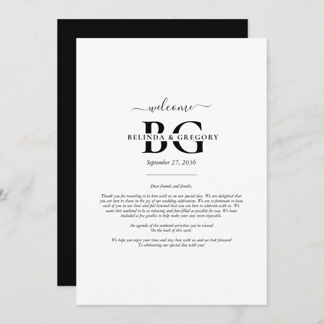 White Black Monogram Initials Wedding  Itinerary Programme (Front/Back)