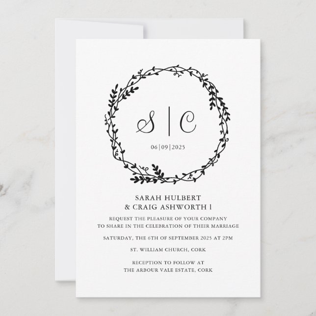White Black Monograms Floral Botanicals Wreath Invitation (Front)