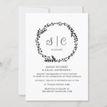 White Black Monograms Floral Botanicals Wreath