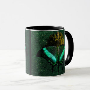 White, black mug cap with butterfly image