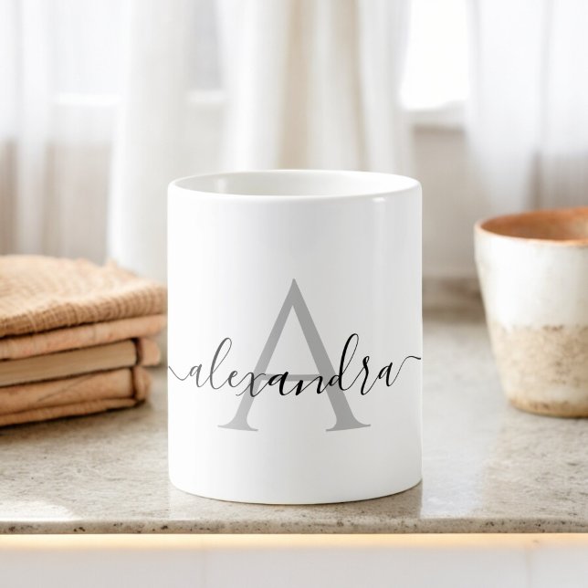 White Black Name Initial Monogram Elegant Script Coffee Mug (Creator Uploaded)