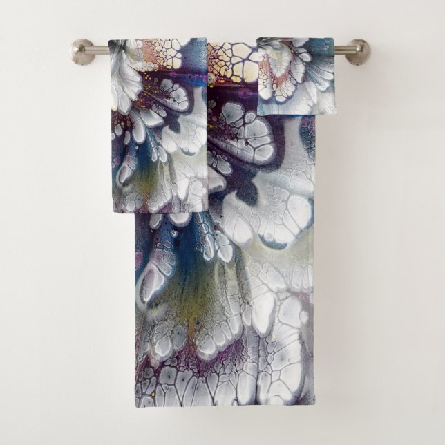 White, Black, Navy Blue Acrylic Painting Colourful Bath Towel Set (Insitu)