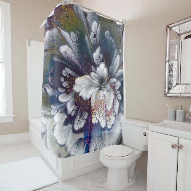 White, Black, Navy Blue Acrylic Painting Colourful Shower Curtain (In Situ)