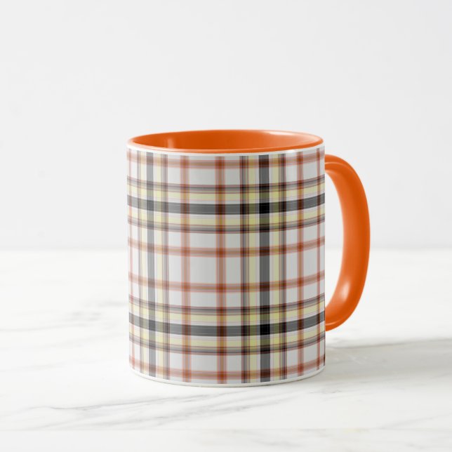 White Black Orange Yellow Tartan Plaid Mug (Front Right)