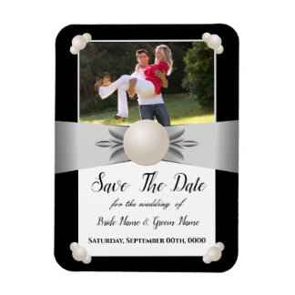 White & Black Pearl Ribbon Photo Save The Date Magnet