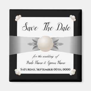 White & Black Pearl Ribbon Photo Save the Date Magnet