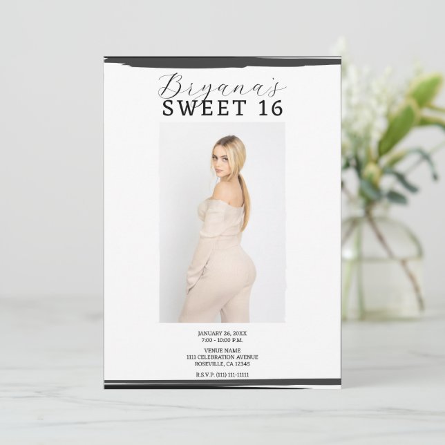 White & Black Photo Frame Trendy Modern Sweet 16 Invitation (Standing Front)