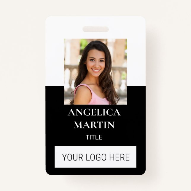 White Black Photo ID Name Title Barcode Vertical  ID Badge (Front)