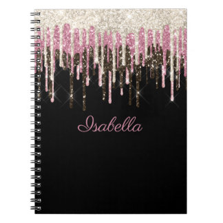 White Black Pink Glitter Drips Personalised Name Notebook