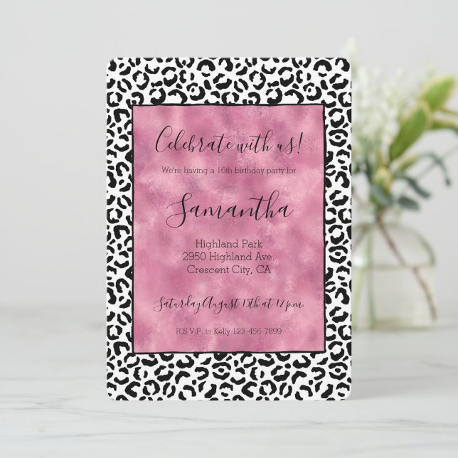 White Black Pink Leopard Print  Invitation (Standing Front)