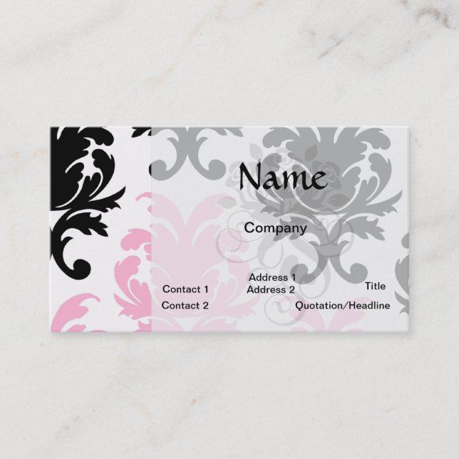 white black pink lovely bold damask business card (Front)