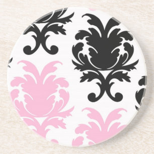 white black pink lovely bold damask coaster