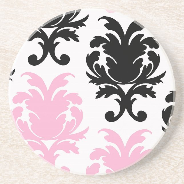 white black pink lovely bold damask coaster (Front)