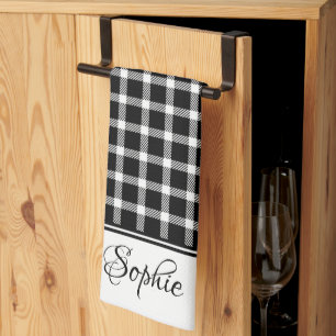White & Black Plaid Personalised  Tea Towel