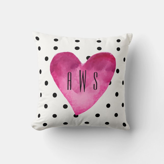 White + Black polka dots Watercolor Heart Monogram Cushion (Front)