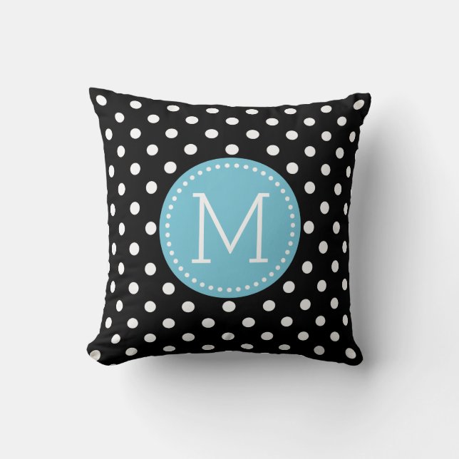 White & Black Polkadot Pattern Blue Accents Cushion (Front)