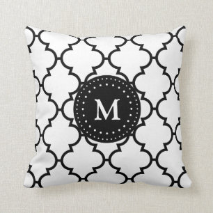 White Black Quatrefoil Pattern Monogrammed Pillow