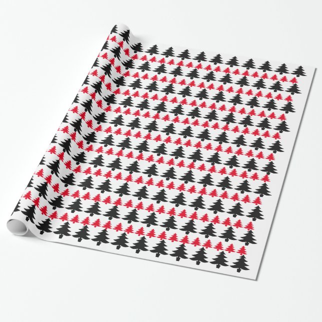 White Black & Red Christmas Tree Wrapping Paper (Unrolled)