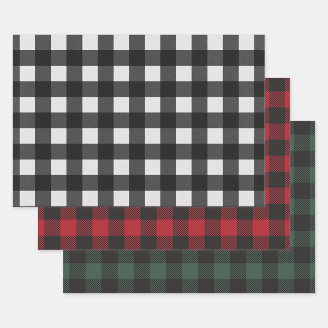 White Black Red Green Buffalo Plaid Wrapping Paper Sheet (Set)