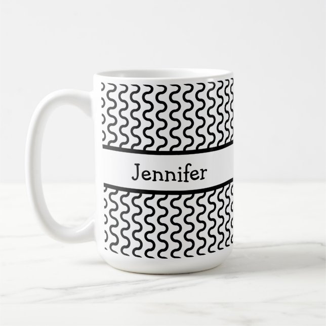 White & Black Retro Waves Pattern Personalised Coffee Mug (Left)