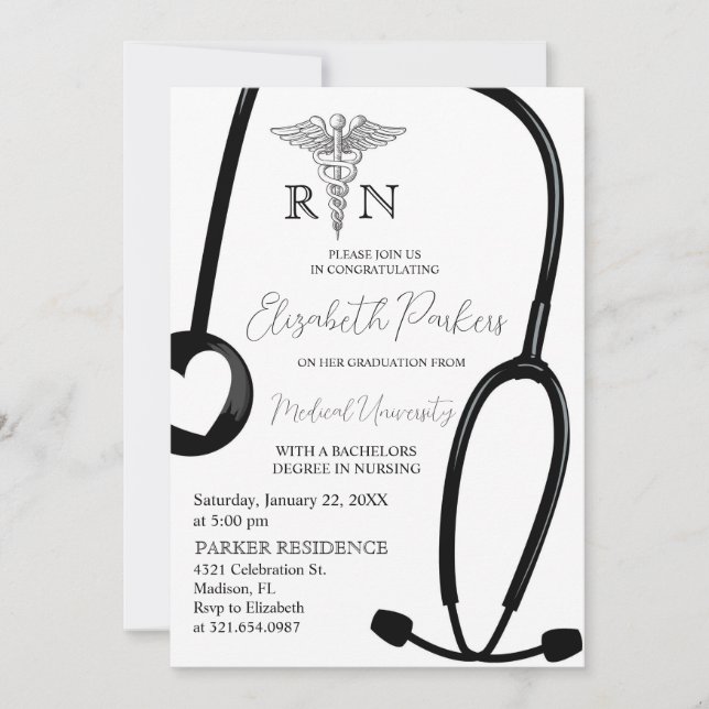 White Black RN Nursing School Graduation Party Invitation (Front)