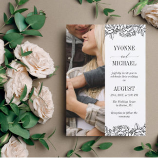 White Black Rose Outlines Photo 2 in 1 Wedding Invitation