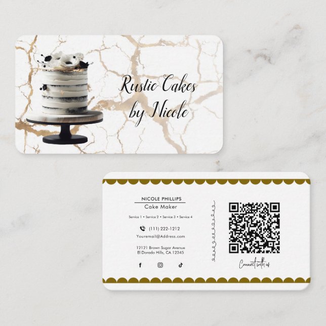 White & Black Rustic Cake Marble Social Media QR  Business Card (Front/Back)