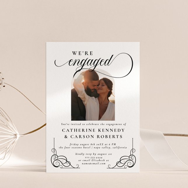 White & Black Script Calligraphy Engagement Party Invitation (Creator Uploaded)