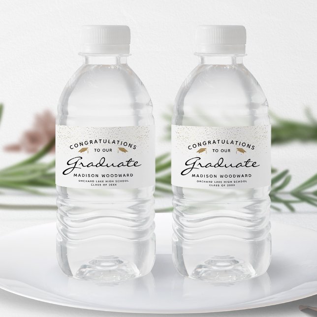 White Black Script Gold Caps Graduation Water Bottle Label (Creator Uploaded)