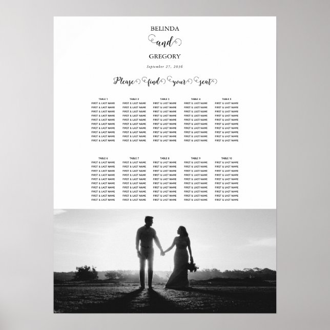 White & Black Script Photo Wedding Seating Chart (Front)