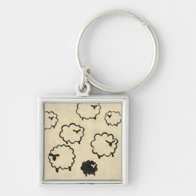 White & Black Sheep on Cream Background Key Ring (Front)