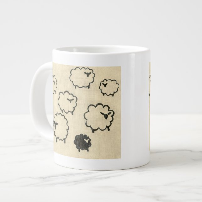 White & Black Sheep on Cream Background Large Coffee Mug (Front Left)
