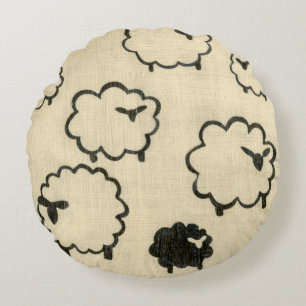 White & Black Sheep on Cream Background Round Cushion
