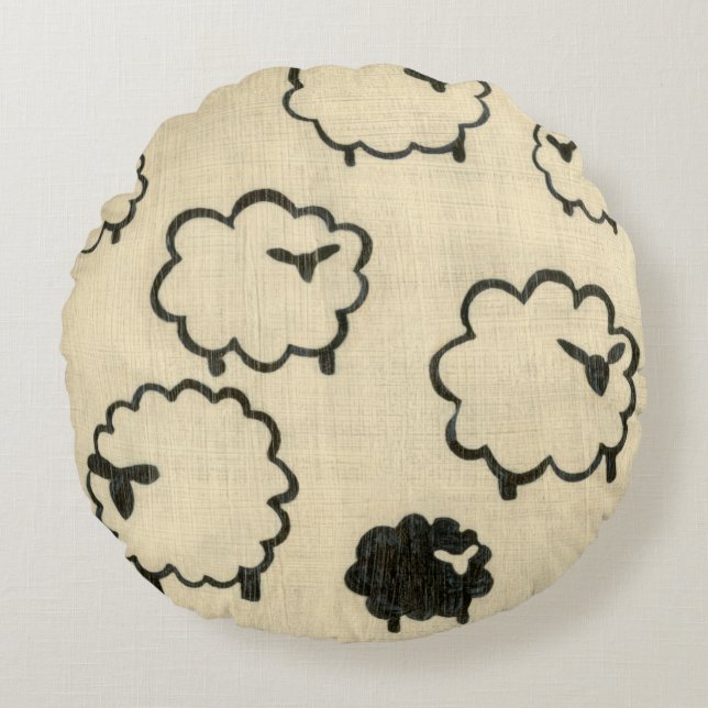 White & Black Sheep on Cream Background Round Cushion (Front)