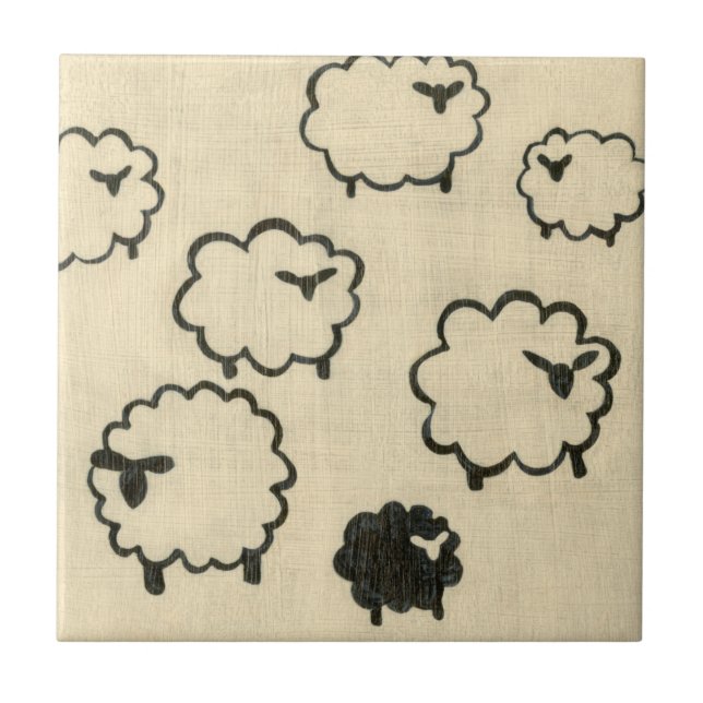 White & Black Sheep on Cream Background Tile (Front)