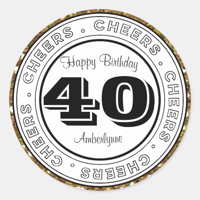 White Black Silver Glitter 40th Birthday Classic Round Sticker (Front)