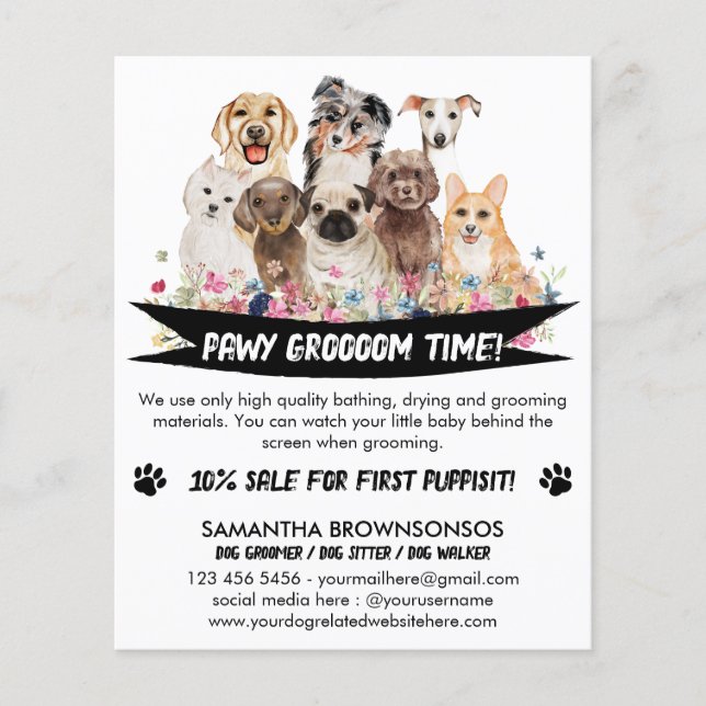 White Black Simple Floral Illustrated Dog groomer Flyer (Front)