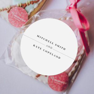 White & Black Simple Minimalist Name Line Wedding Classic Round Sticker