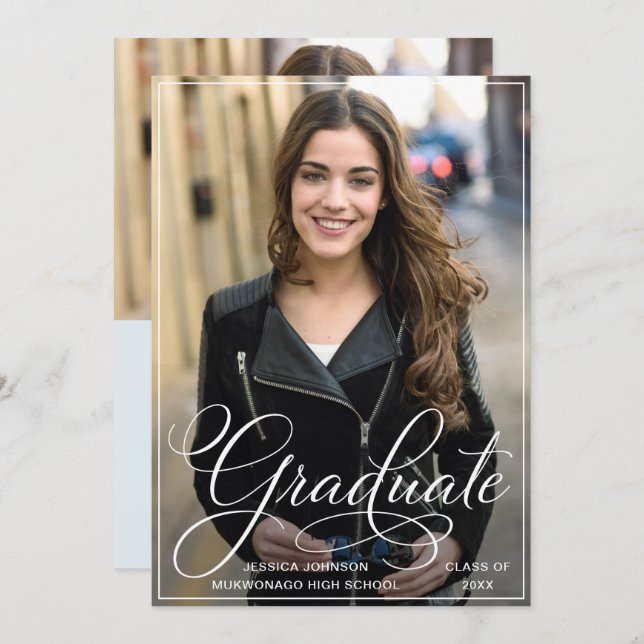 White Black Simple Modern PHOTO Graduation Party Invitation (Front/Back)