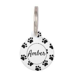 White Black Simple Paw Print Personalised Pet Tag