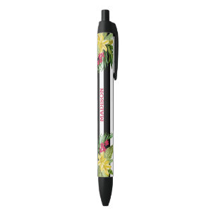 White & Black Stripes Hibiscus  Black Ink Pen