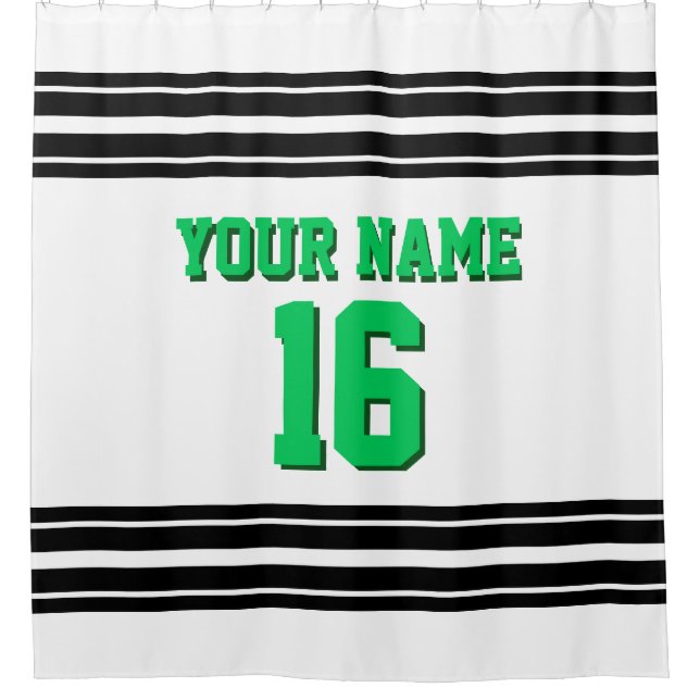 White Black Stripes Sports Jersey Emerald Green Shower Curtain (Front)
