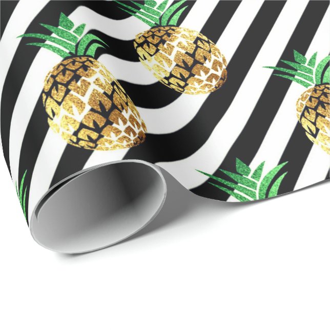 White black stripes tropical fruit pineapple gold wrapping paper (Roll Corner)