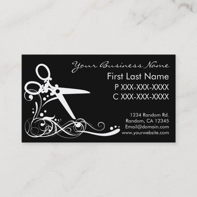 White black swirl hair cutting business cards (Front)