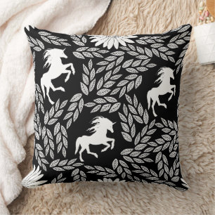 White & Black Trendy Unicorn & Floral Pattern Cushion