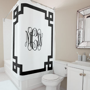 White Black Vine Monogram DIY BG & Greek Key Frame Shower Curtain