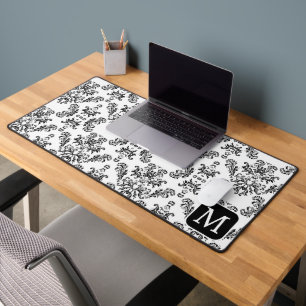 White Black vintage damask pattern Custom Monogram Desk Mat